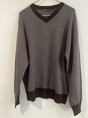Bachrach Men's Brown Chevron V-Neck Sweater merino wool blend  L